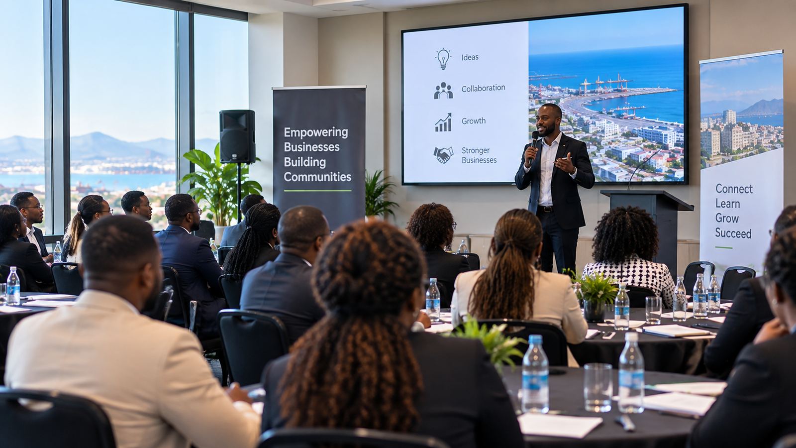 Speaker presenting to a business audience