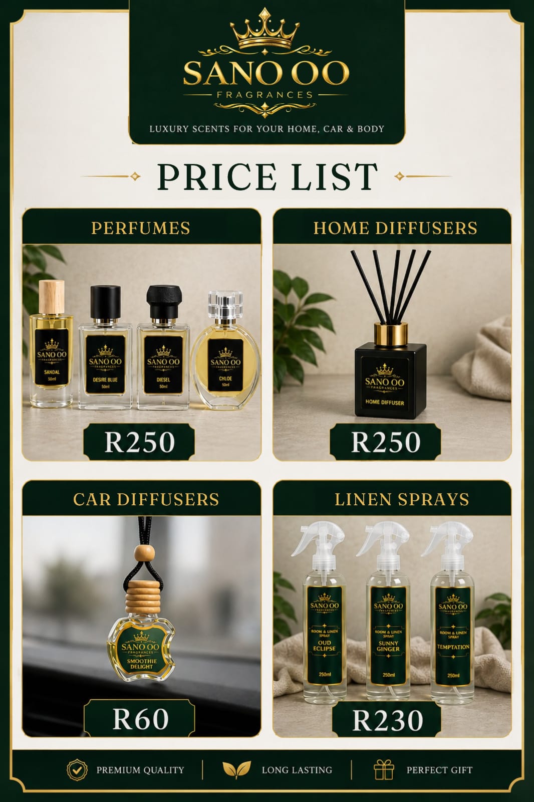 Sano OO Fragrances price list: perfumes, home diffusers, car diffusers and linen sprays